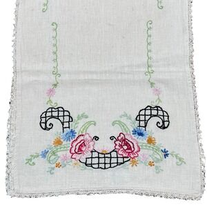 Vintage Hand Embroidered‎ Floral Linen Dresser Scarf Runner Crochet Lace Cottage